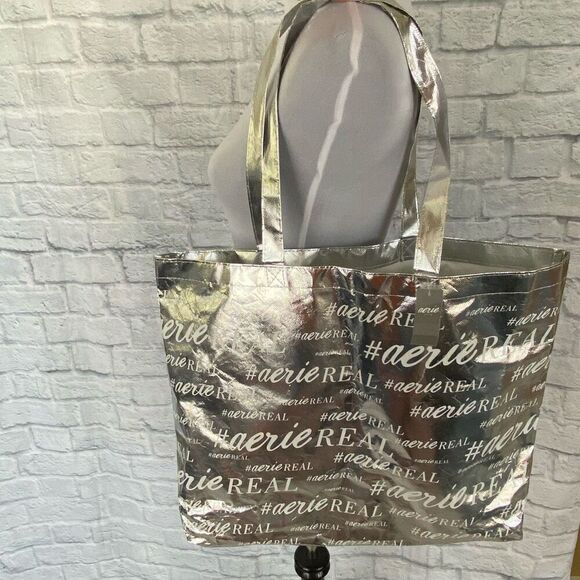 Aerie XL tote bag with double handles silver & white 19.5”x17” brand new - Picture 1 of 5